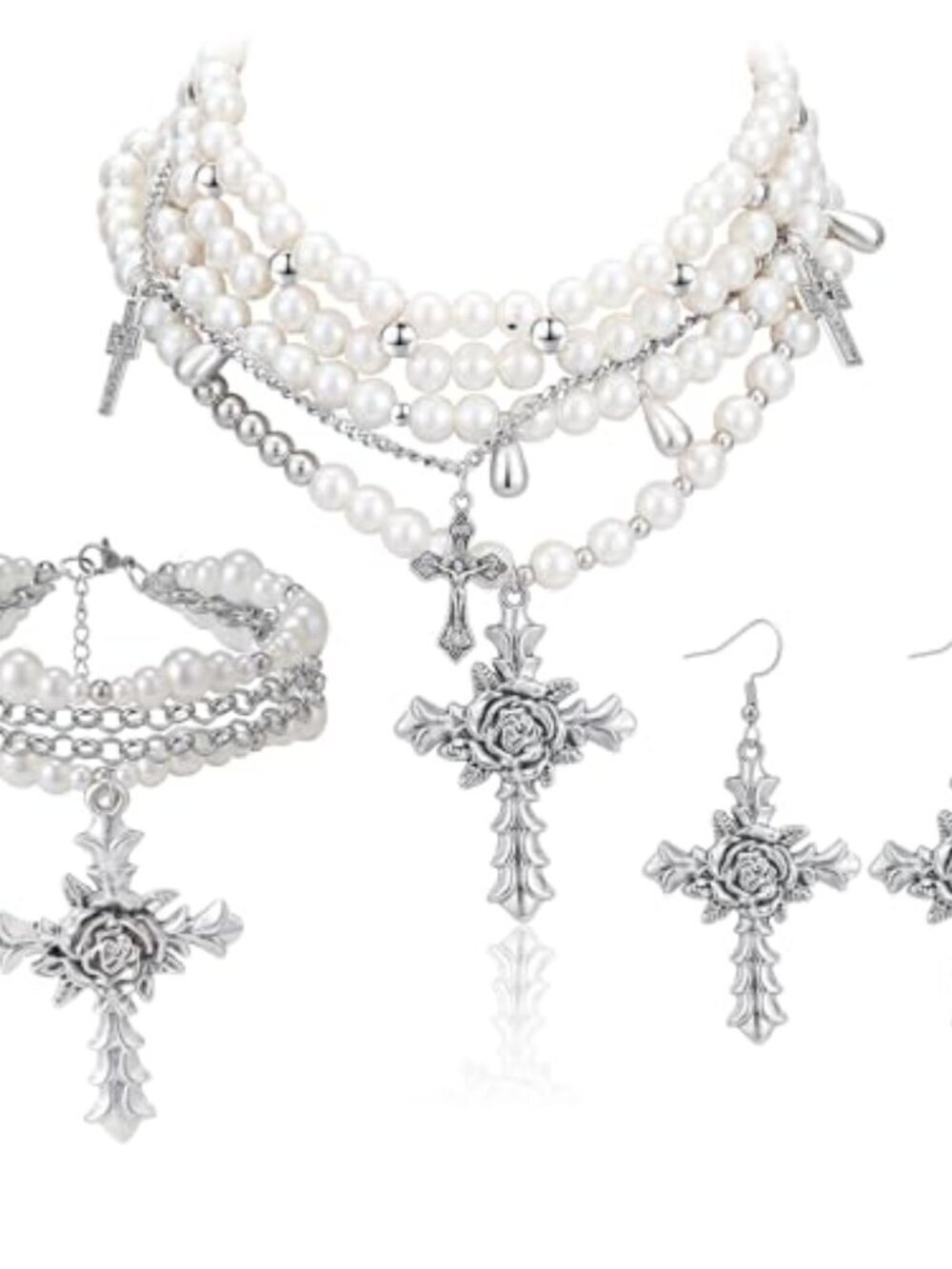 BRAND NEW Layered Pearl Cross Jewelry Set